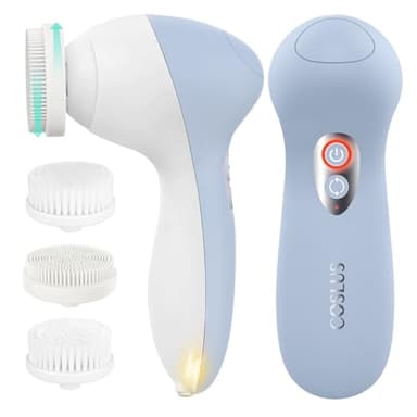 COSLUS FBX04 Powered Facial Cleansing Brush: Rechargeable Electric Face Cleanser for Sensitive & Acne-Prone Skin, 3 Brush Heads, 3 Speeds, 2-Direction Rotation, for Men Women IPX7, Deep Cleaning Blue