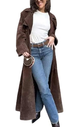 utcoco Womens Faux Suede Long Trench Coat Notched Lapel Double Breasted Pea Coat Overcoat with Belt (Small, Brown)