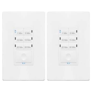 ENERLITES Countdown Timer Switch for bathroom fans and household lights, 1-5-10-15-20-30 Min Settings with Manual Override, Always On Blue LED, Neutral Wire Required, UL Listed, HET06A, White, 2 Pack