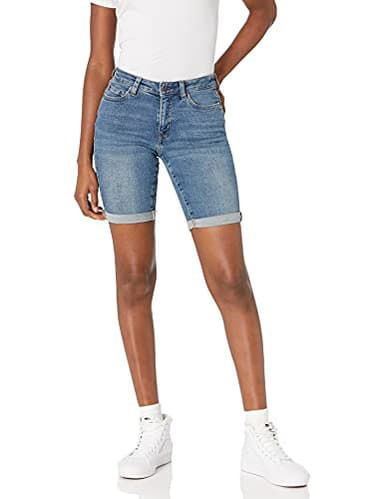 Amazon Essentials Women's Mid-Rise Stretchy Slim Fit Denim Bermuda Shorts with Pockets, Medium Wash, 10