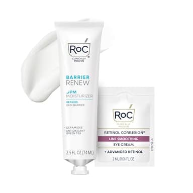RoC Barrier Renew Night Moisturizer with Ceramides & Antioxidant Green Tea and Lipo Peptides to Renew Skin Barrier, (2.5 oz) with Retinol Eye Cream Packette