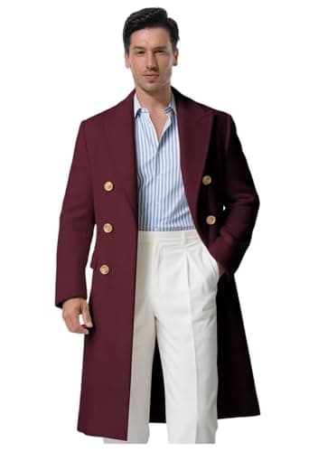 LEWIJO Dark Burgundy Long Mens Overcoat Cashmere Regular Fit Long Coat Peak Lapel Overcoat for Men Casual Double Breasted Trench Coat Size 44