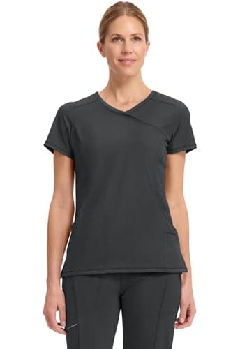 Cherokee Infinity Womens Mock Wrap Scrub Top, 4 Pockets, Rib-Knit Panel, Moisture-Wicking 360° Stretch - 2625A, XL, Black