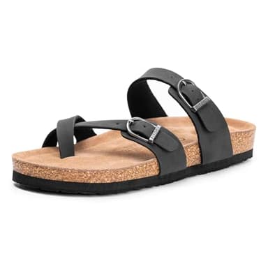 FITORY Women's Slide Sandals with Soft Cork Footbed, Comfort Arch Support Flat Sandals for Summer Black Size 8