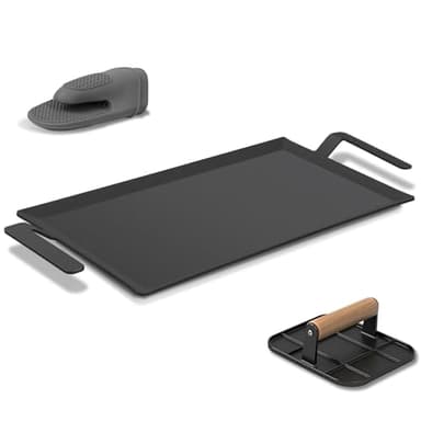 Carbon Steel Griddle Comes with Grill Press, Double Burner Griddle for Gas Stove, Electric Range, Outdoor Gas Grill, Induction, and Oven, Pre-seasoned Nitride Coating Compatible with Made in