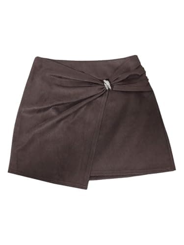 MakeMeChic Women's Wrap Mini Skirt Metal High Waist A Line Work Office Skirts Mocha Brown Large
