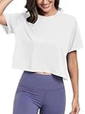 KevaMolly White Workout Crop Tops for Women Loose Fit UPF50+ Breathable Yoga T Shirts Running Athletic Cropped Workout Tops S