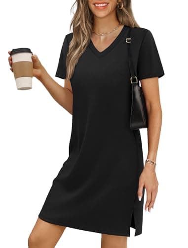 RUMIA Casual Dresses for Women T-Shirt Summer Dress Mini Vacation Spring Dress V-Neck A Line Beach Sundress Black Medium