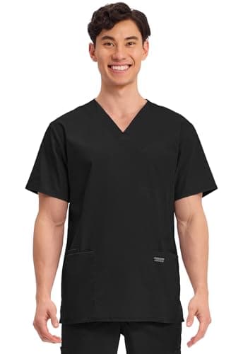 Cherokee Men's V-Neck Top Traditional fit with 4 Pockets, Ultra Soft, Durable, Fade Resistant, 2-Way Stretch Fabric - WW695, L, Black