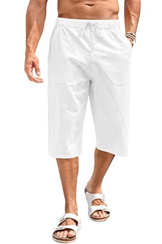 Fommykin Men's Cotton Linen Capri Pants Baggy Harem Drawstring Yoga Beach Pants with Pockets White