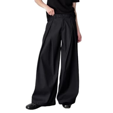 THWEI Men's Baggy Wide Leg Pants Zipper Fly Pleated Trousers Casual Dress Pants with Pocket Black L