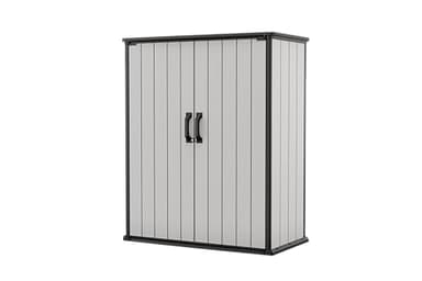 Keter Premier Tall 4.6x5.6 ft Resin Outdoor Storage Shed, Backyard Garden Shed with Shelving Brackets for Tools, Patio Furniture, Pool & Bike Storage, Grey & Black, 62 cu. ft Capacity