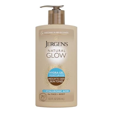 Jergens Natural Glow Hydra Gel Moisturizer, Hyaluronic Acid Tanning Lotion, Hydrating Tanning Gel, Fragrance-Free Self Tanner, Medium to Deep Skin Tones 8.3 Oz