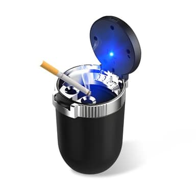 Fkewp Car Ashtray with Lid, Smokeless Stainless Steel Cup Holder Ashtray with LED Light, Windproof Cigarette Ash Tray Detachable Trash Can for Vehicle Home Outdoor, Car Accessories (Silver)