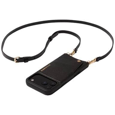 Bandolier Emma Crossbody Wallet Phone Case for iPhone 17 Pro. 100% Genuine Pebble Leather. Adjustable & Removable Crossbody Strap. Card Holder with Snap Closure. Black with Gold Hardware