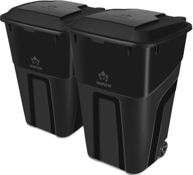 Trash Can With Lid - Ultimate Strength 32 Gallon Wheeled Garbage Can Trash Container - Professional Grade Outdoor Waste Bin with Secure Snap Lid and Ergonomic Handles, Outdoor Recycling Bins, 2 Pack