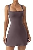 QINSEN Woman's Bodycon Square Neck Dress Tank Top High Waist Casual Outfit Dresses Desert Taupe S