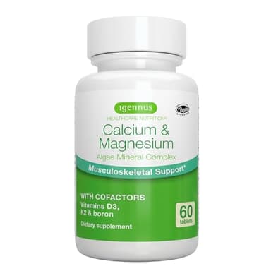 Igennus Algae Calcium & Magnesium Supplement, Plant Based, High Absorption, K2 & D3, Vegan, Non-GMO Red Algae Mineral Complex for Bone & Teeth Support, for Women and Men, with Boron, 60 Tablets