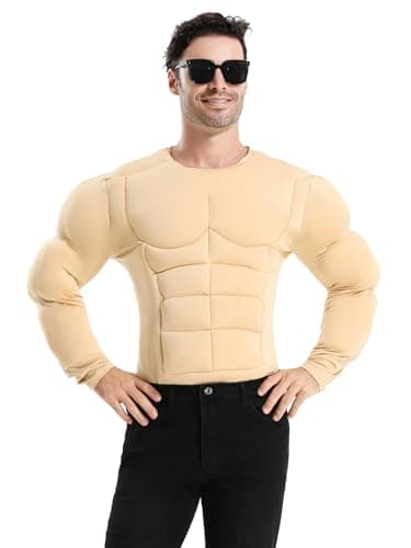 JUST FOR PARTY Adult Men Muscle Suit Costume, Funny Body Builder Costume for Roleplay, Realistic Men Muscle Shirt for Halloween Dress Up Party, One Size