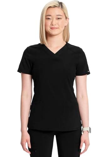 Cherokee Infinity Womens V-Neck Scrub Top Contemporary Fit, 2 Pockets, Rib-Knit Insert, Side Vents, 360° Stretch - CK865A, M, Black