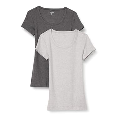 Amazon Essentials Women's Slim-Fit Cap-Sleeve Scoop Neck T-Shirt, Pack of 2, Charcoal Heather/Light Grey Heather, Small