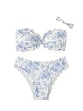 SHENHE Women's 2 Piece Bandeau Bikini Sets Floral Print Scalloped Boho Strapless Swimsuits Blue and White Medium