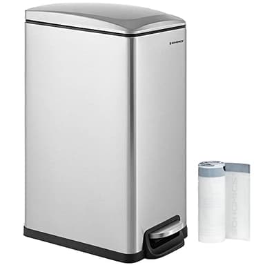SONGMICS Slim Trash Can, 13-Gallon (50 L) Garbage Can for Narrow Spaces with Soft-Close Lid, Inner Bucket, and Step-on Pedal, Stainless Steel, 15 Trash Bags Included, Silver ULTB510E48