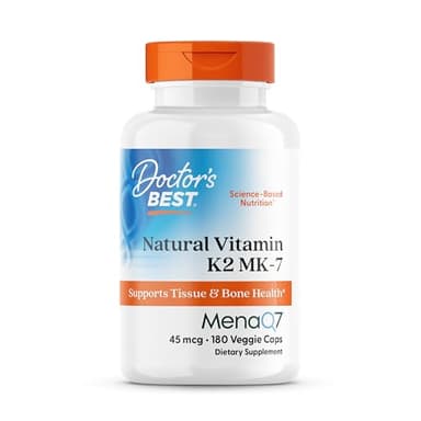 Doctor's Best Natural Vitamin K2 MK7 Supplement for Men & Women - Bone Health Support, 45 mcg Vitamin K-2 MK-7 Capsules with MenaQ7, Calcium Support, Non GMO, Vegan - 180 Veg Caps