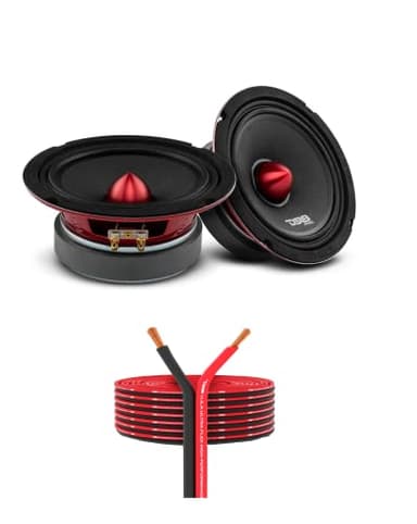 DS18 PRO-X6.4BM Loudspeaker 6.5" Midrange Red Aluminum Bullet 500W Max 250W RMS 4 Ohms - Speaker Wire 16GA 100 FT Included - Car Audio Door Speakers for Car or Truck Stereo Sound System - 2 Speakers