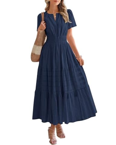 BTFBM Womens Summer 2026 Casual Midi Maxi Dresses Lightweight Short Sleeve V Neck Elastic Waist Boho Beach Dress Pockets(Navy, X-Large)