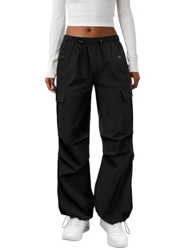 COPYLEAF Cargo Pants Women Elastic Waisted Parachute Hiking Pants with Pockets Water Resistant Lightweight Baggy Pants(Black XL)