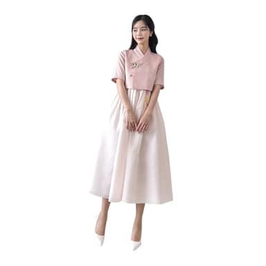 MINHANBOK 75 Bella Women's Modernized Korean Cheollik Dress Fusion Waist Skirt Everyday Hanbok (Extra Large) Pink