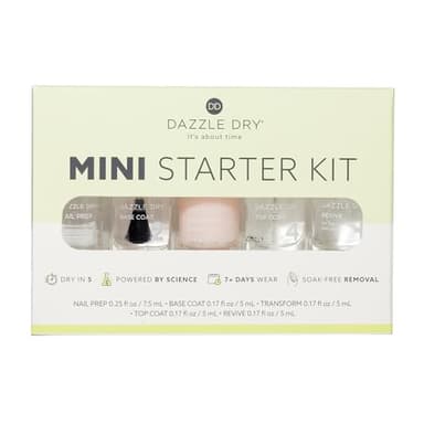 Dazzle Dry Complete Starter Mini Kit | Step 1 - Nail Prep, Step 2 - Base Coat, Step 4 - Top Coat, Transform - Ridge Filler & Revive - Polish & Top Coat Thinner.