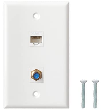 Ethernet Coax Wall Plate - Cat6 F Type Wall Plate, 1 Port Cat6 Keystone and 1 Port F Type Connector Coax Keystone - White