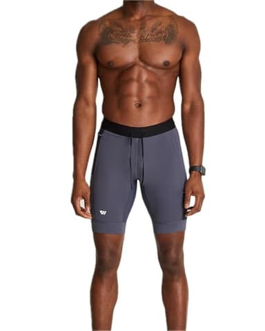 WOLACO 10 Inch Sprint Half Tight Compression Shorts with Phone Pocket for Men, Grey, Large