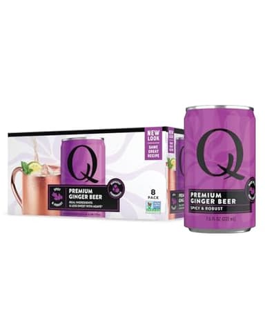 Q GINGER BEER with Real Ginger & Organic Agave - Ideal for Cocktails & Mocktails - Made with Real Ingredients, Perfectly Carbonated & Less Sweet, 80 Calories per Can, 7.5 Fl Oz Cans (Pack of 8)