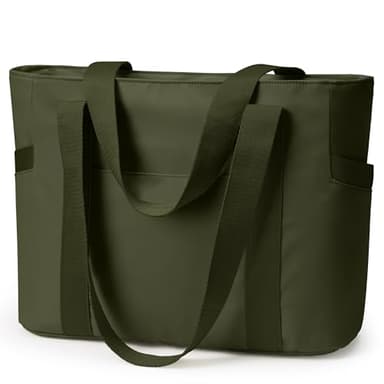 WLLWOO Large Tote Bag, Zipper Shoulder Bag for Women Trolley Sleeve 15.6” Laptop Travel Work Daily Nurse Gym, Army Green