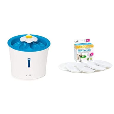 Catit LED Flower Fountain with Set of 5 Triple Action Filters, Cat Drinking Water Fountain, Blue, 3 L