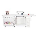 Arrow Classic Sewing Furniture Harriet Full-Size Sewing Cabinet with Hydraulic Machine Lift, Drawers, Expandable Leaves, Locking Wheels - Ash White