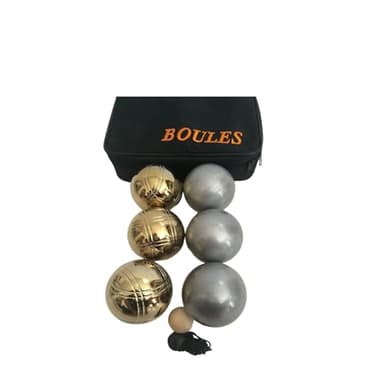 BuyBocceBalls Listing - Unique 6 Ball 73mm Metal Bocce/Petanque Set with 3 Grind Sand Balls and 3 Gold Balls