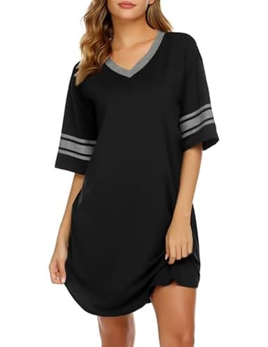 Ekouaer Nightgowns for Women Bamboo Viscose Nightgown Short Sleeve Sleep Shirts V Neck Nightshirt Soft Sleepwear,Black,Large