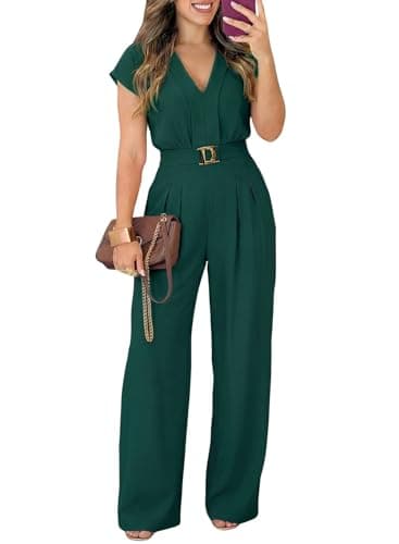 Pink Queen Green Jumpsuit Women Chic Wide Leg Rompers Cap Sleeve V Neck Metal Button Decor Event Party Outfits S