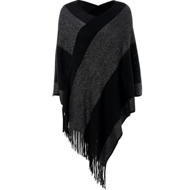 Cutecrop Women's Striped Poncho Tops with Fringe, Soft Knitted Shawl Wraps Elegant Sweater Open Front for Fall Winter (Black)