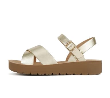 Soda CHESTER ~ Women Flat Sandals Flatform Ankle Buckle Criss Cross Band Straps Sandals Shoes (Gold, US Footwear Size System, Adult, Women, Numeric, Medium, numeric_7_point_5)