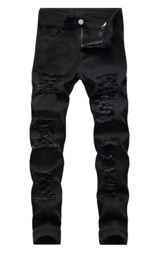 qcdyrxf Men's Ripped Jeans Slim Fit Stretch Skinny Jeans for Men Distressed Straight Leg Waist Black Pants