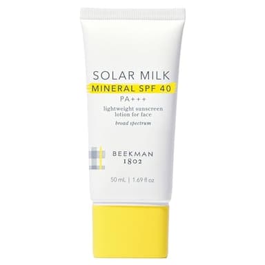 Beekman 1802 Solar Milk Mineral Sunscreen SPF 40 PA+++, Lightweight Zinc Oxide Face Sunscreen, Broad Spectrum UVA/UVB Protection, Non Greasy, Fragrance Free, 1.69 fl oz
