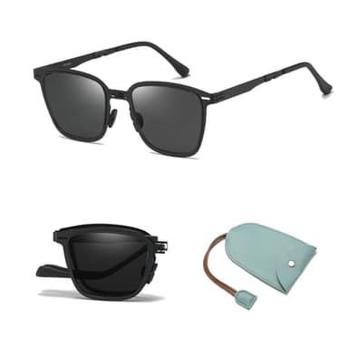 GMKATEYE Polarized Folding Sunglasses For Women & Men, Classic Black Lightweight Foldable Shades UV Protection Square Sunglass for Driving Travel Fishing