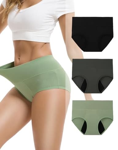 INNERSY Women's Bamboo Viscose Heavy Flow Period Underwear High Waisted Leakproof Panties 3 Pack(Medium,Black/Gray/Green)
