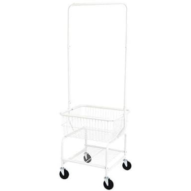 Amazon Basics Rectangular Laundry Hamper Basket Butler Cart with Wheels and Hanging Rack, Sturdy Metal, 71.1 inches Height, White