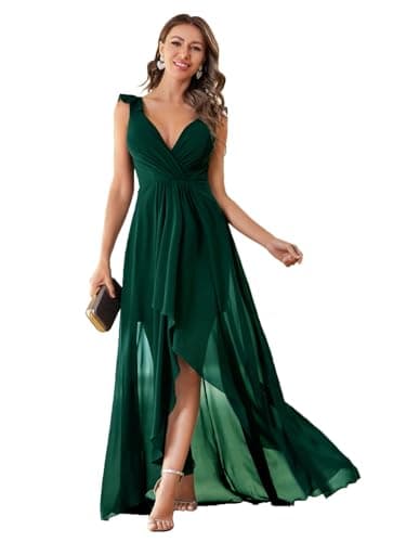 MIMIFINA Women's Elegant V Neck Pleat Sleeveless Chiffon Ruffled Straps High-Low Hem Party Maxi Formal Dress Dark Green